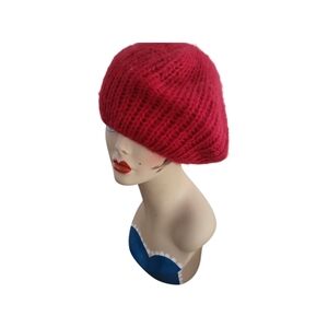 Vintage ARIS Cherry Red Chunky Knit Beret Hat O/S Made In USA